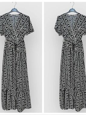 NWT Made in Italy Black & White Patterned Maxi Dress with V Surplice Neckline.
